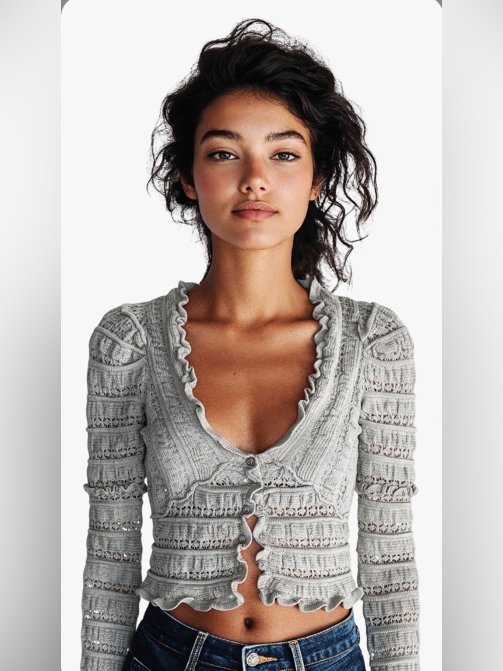 Free People Scoop Neck Knit Cardigan with Open Stitch detail - S - Grey